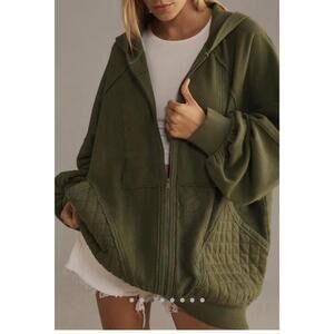Oversized PILCRO Olive Green Mixed Print Zip-Up Hoodie sz XS